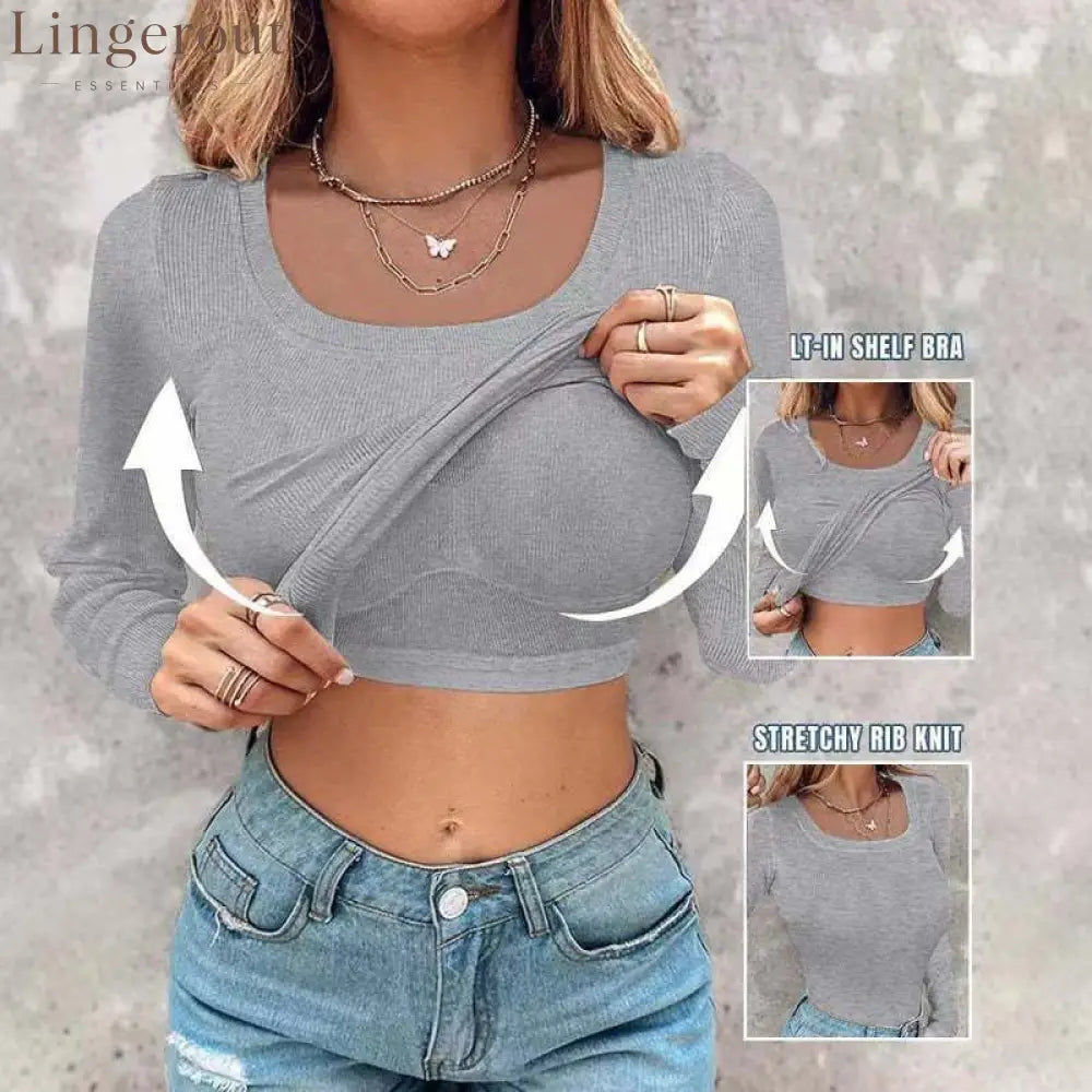 ??Womens U-Neck Built-in Bra Long Sleeve Ribbed Top Shirts Elegant Skinny Fit Fabric - Gray / S