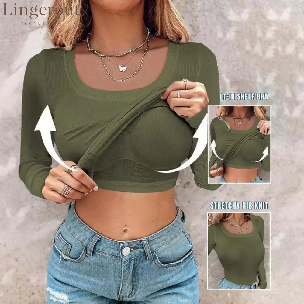 ??Womens U-Neck Built-in Bra Long Sleeve Ribbed Top Shirts Elegant Skinny Fit Fabric - Green / S