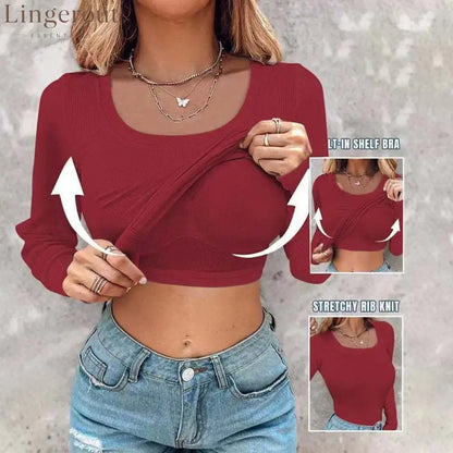 ??Womens U-Neck Built-in Bra Long Sleeve Ribbed Top Shirts Elegant Skinny Fit Fabric - Red / S