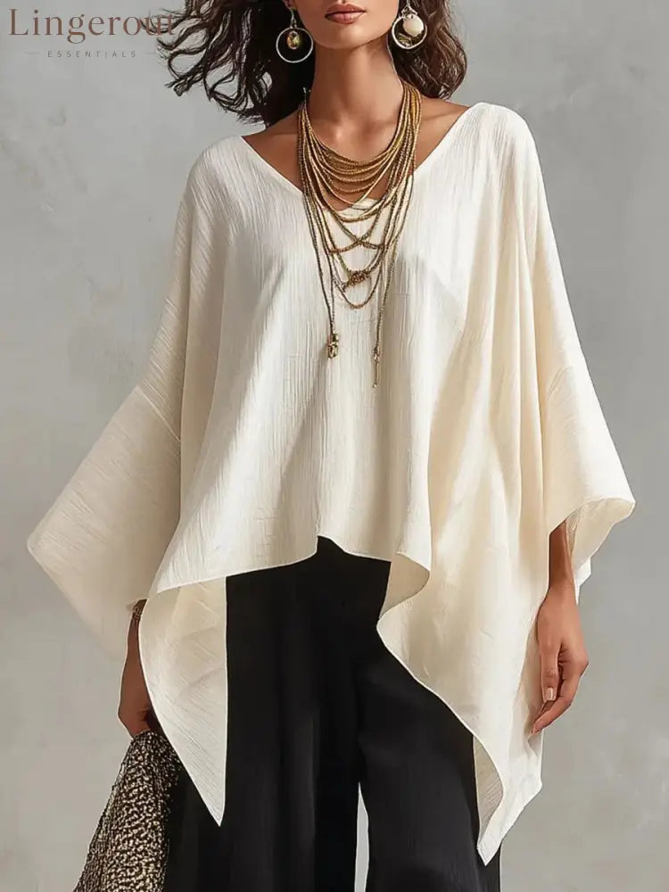 Women’s V-neck 3/4-sleeve Casual Loose Cotton-linen Top - Apricot / S