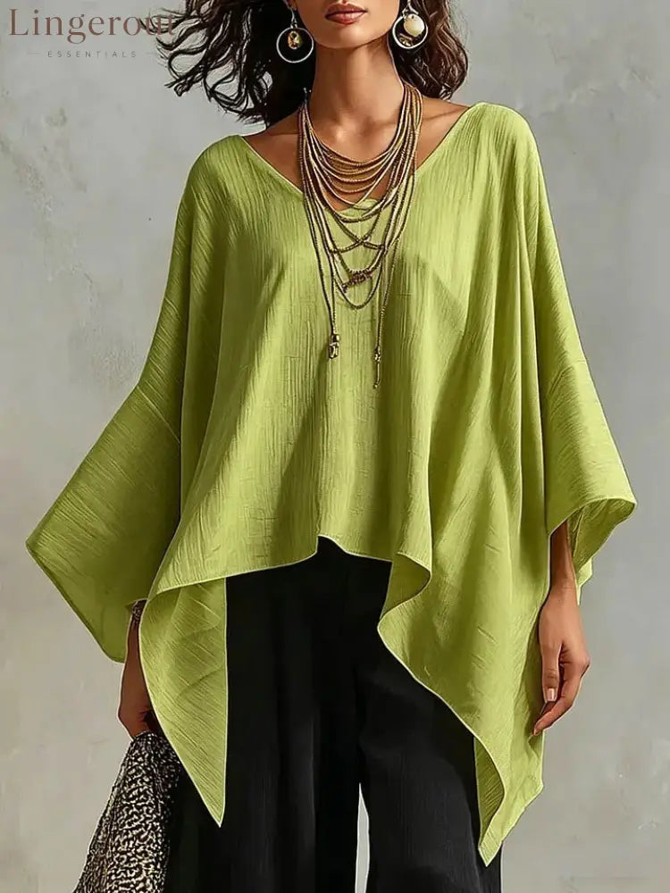 Women’s V-neck 3/4-sleeve Casual Loose Cotton-linen Top - Green / S
