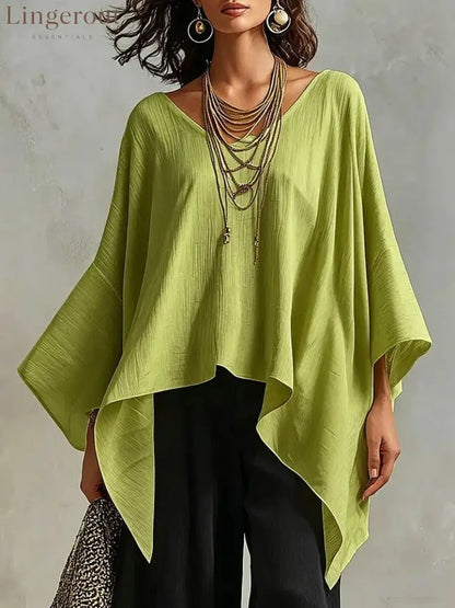 Women’s V-neck 3/4-sleeve Casual Loose Cotton-linen Top - Green / S