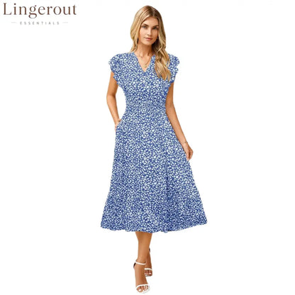 Women’s V-Neck Ruffle Sleeve Midi Dress - Versatile Casual Floral/Print Dress with Pockets (6 Colors Available)