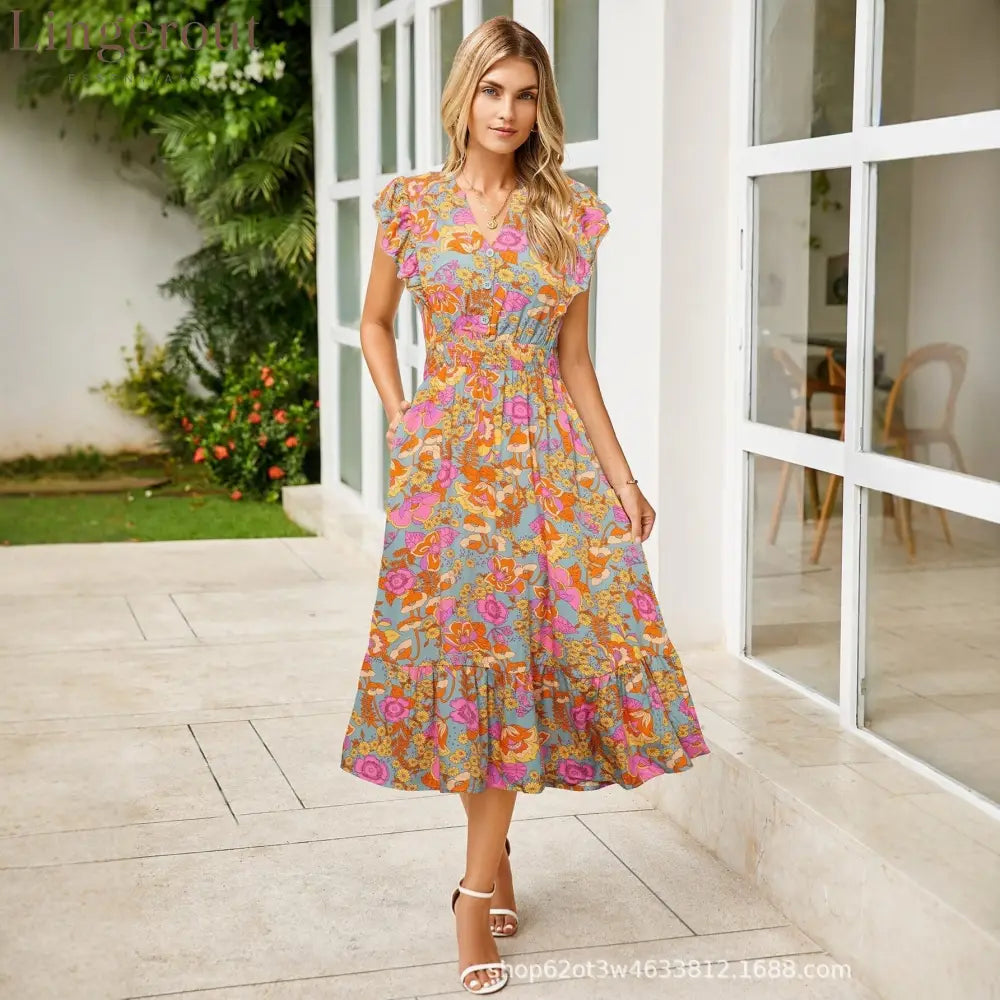 Women’s V-Neck Ruffle Sleeve Midi Dress - Versatile Casual Floral/Print Dress with Pockets (6 Colors Available) - Blue