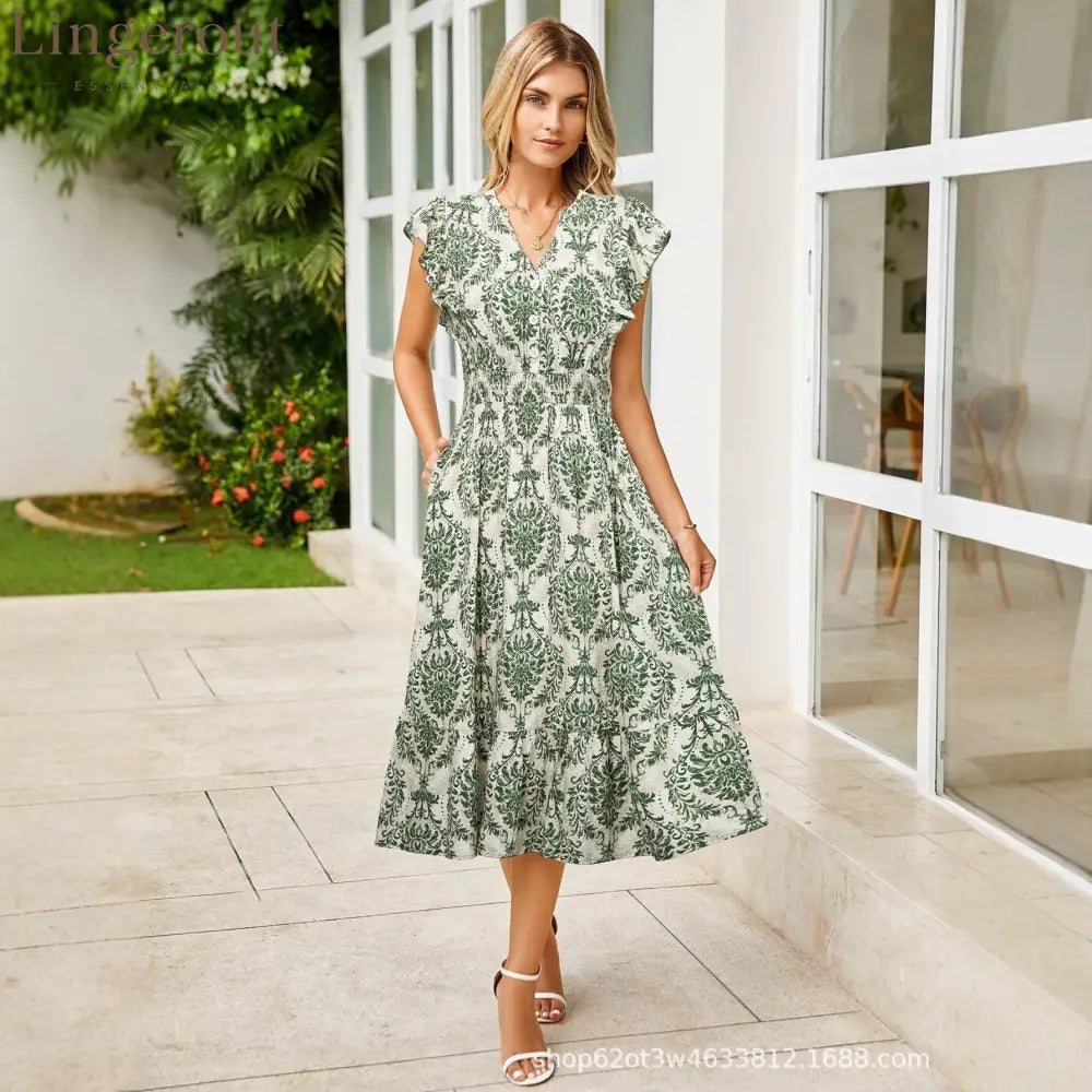 Women’s V-Neck Ruffle Sleeve Midi Dress - Versatile Casual Floral/Print Dress with Pockets (6 Colors Available) - Green