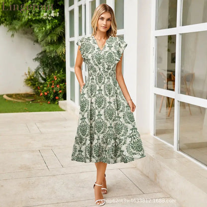 Women’s V-Neck Ruffle Sleeve Midi Dress - Versatile Casual Floral/Print Dress with Pockets (6 Colors Available) - Green