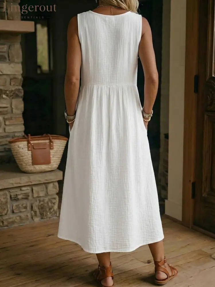 Women’s V-neck Sleeveless Cotton-linen Dress