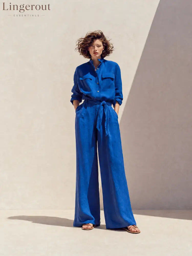 Women's Vacation Klein Blue Washed Linen Stand Collar Long-Sleeve Shirt & Wide-Leg Pants Set MDZ1740G5CMX