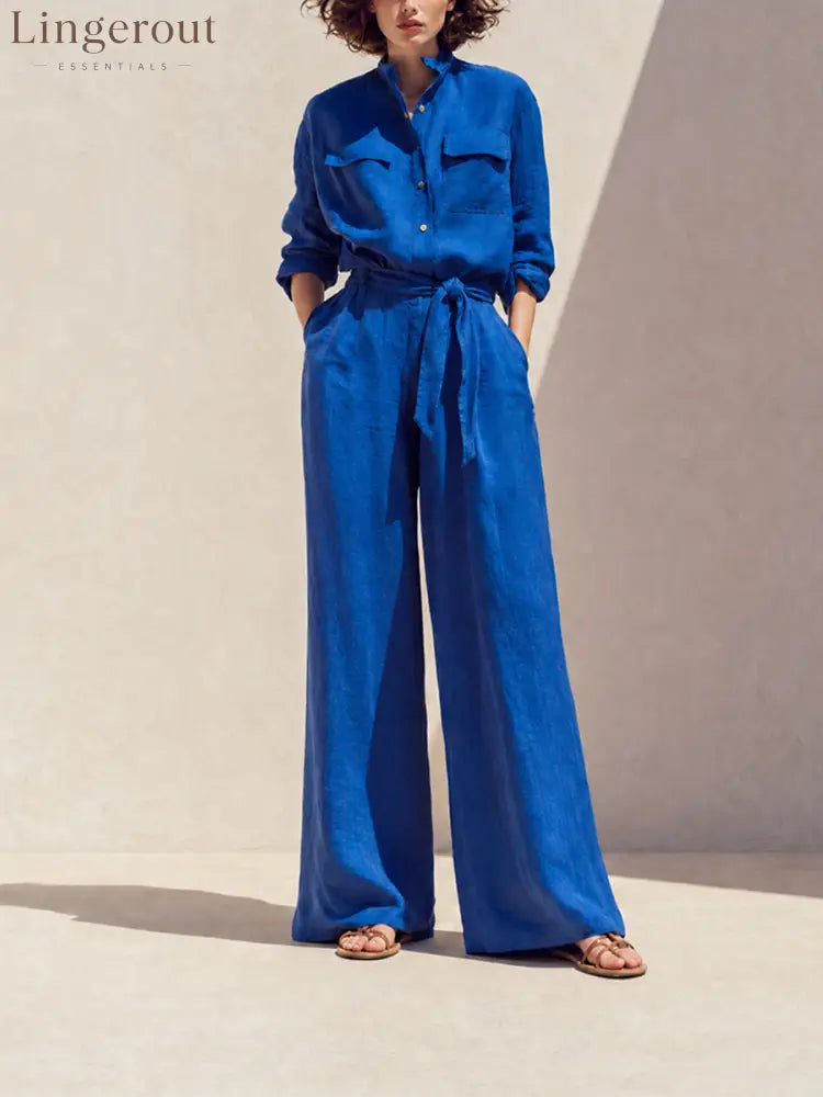 Women's Vacation Klein Blue Washed Linen Stand Collar Long-Sleeve Shirt & Wide-Leg Pants Set MDZ1740G5CMX
