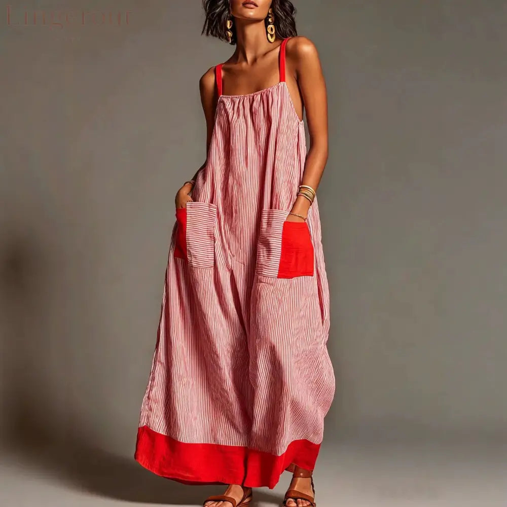 Women’s Vacation Linen-Cotton Striped Color Block Spaghetti Strap Maxi Dress with Pockets
