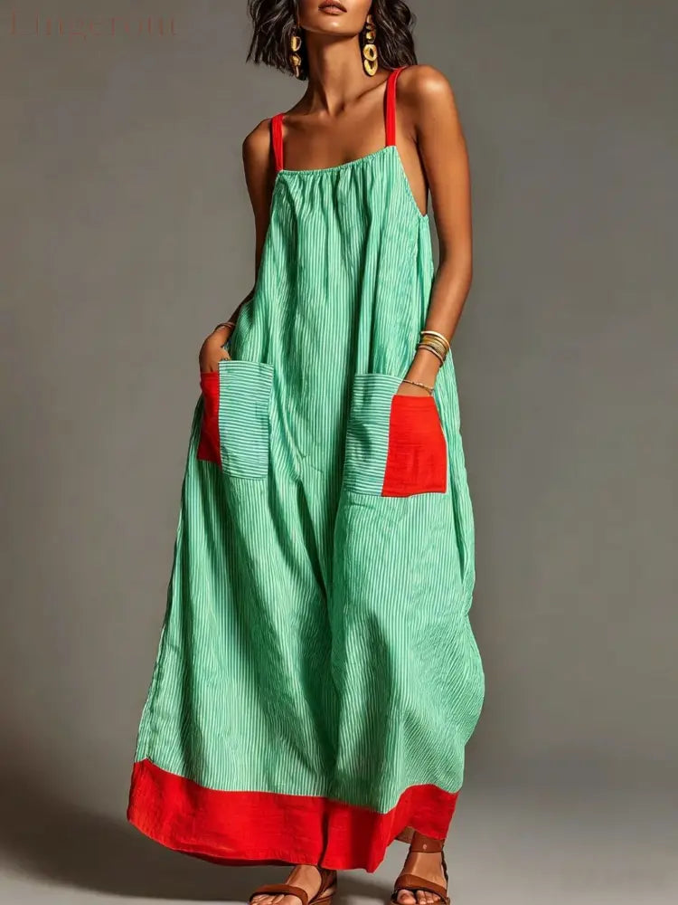 Women’s Vacation Linen-Cotton Striped Color Block Spaghetti Strap Maxi Dress with Pockets - Green / S