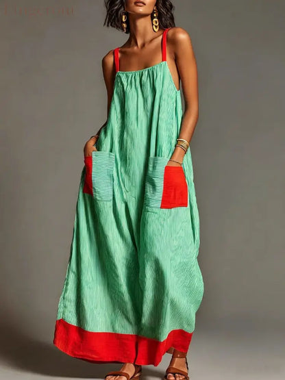 Women’s Vacation Linen-Cotton Striped Color Block Spaghetti Strap Maxi Dress with Pockets - Green / S
