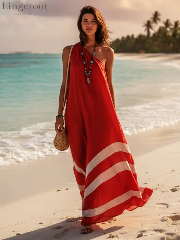 Women’s Vacation-Style Cotton-Linen Color-Block One-Shoulder Loose Maxi Dress