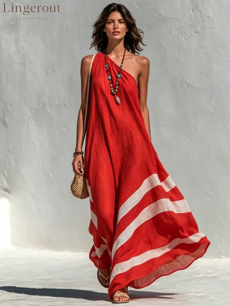 Women’s Vacation-Style Cotton-Linen Color-Block One-Shoulder Loose Maxi Dress
