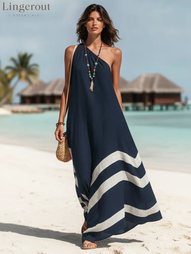 Women’s Vacation-Style Cotton-Linen Color-Block One-Shoulder Loose Maxi Dress