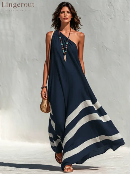 Women’s Vacation-Style Cotton-Linen Color-Block One-Shoulder Loose Maxi Dress - Navy / XS