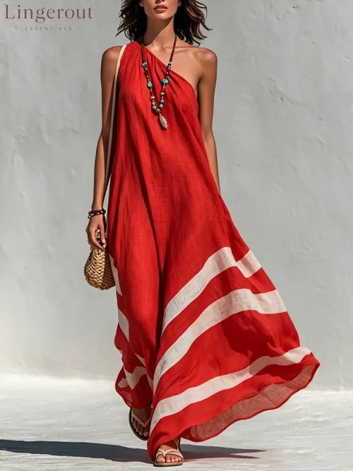 Women’s Vacation-Style Cotton-Linen Color-Block One-Shoulder Loose Maxi Dress - Red / XS