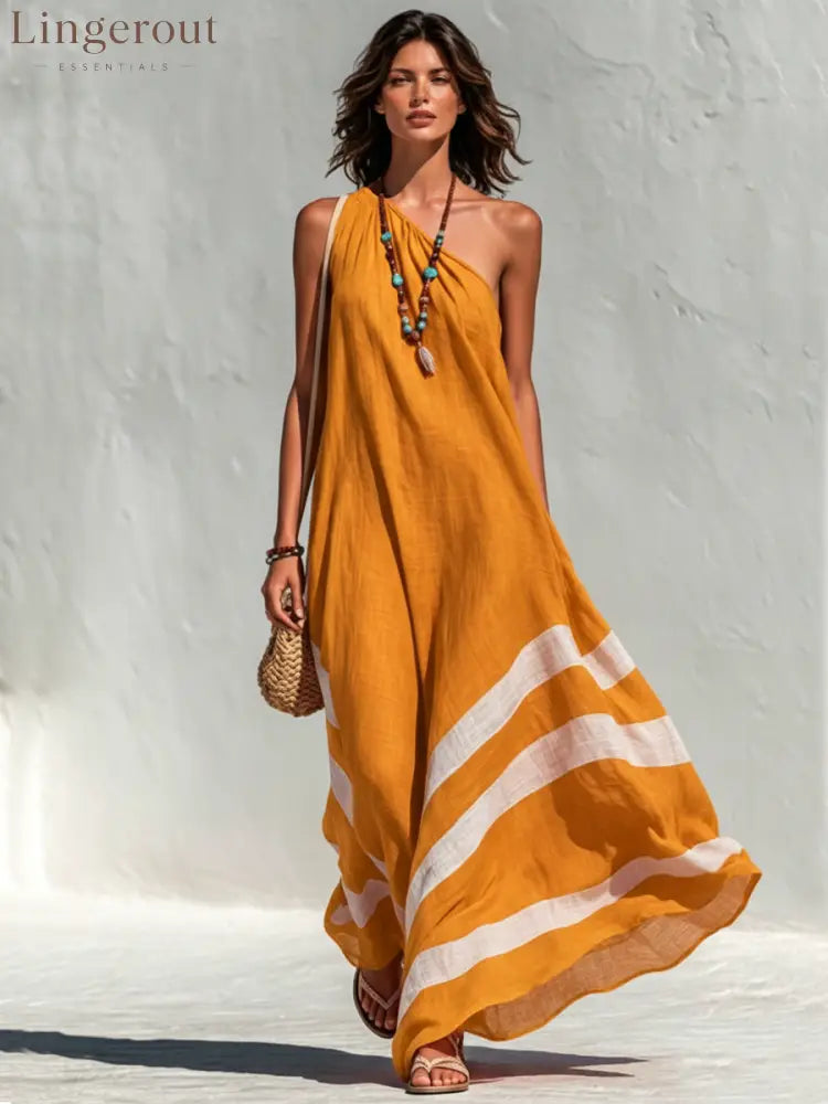 Women’s Vacation-Style Cotton-Linen Color-Block One-Shoulder Loose Maxi Dress - Yellow / XS