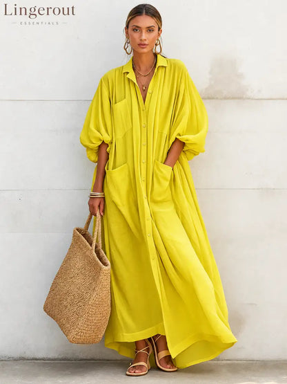 Women’s Vacation-Style Flowy Lemon Yellow Cotton-Linen Oversized Shirt Dress - Lemon Yellow / XS