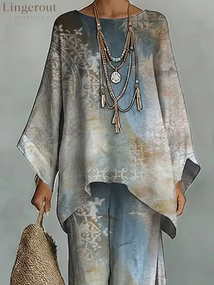Women’s Vintage Floral Art Comfortable Loose Cotton Linen Wide-leg Pants Two-piece Set