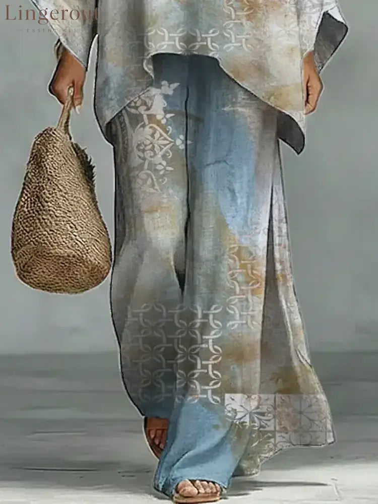 Women’s Vintage Floral Art Comfortable Loose Cotton Linen Wide-leg Pants Two-piece Set