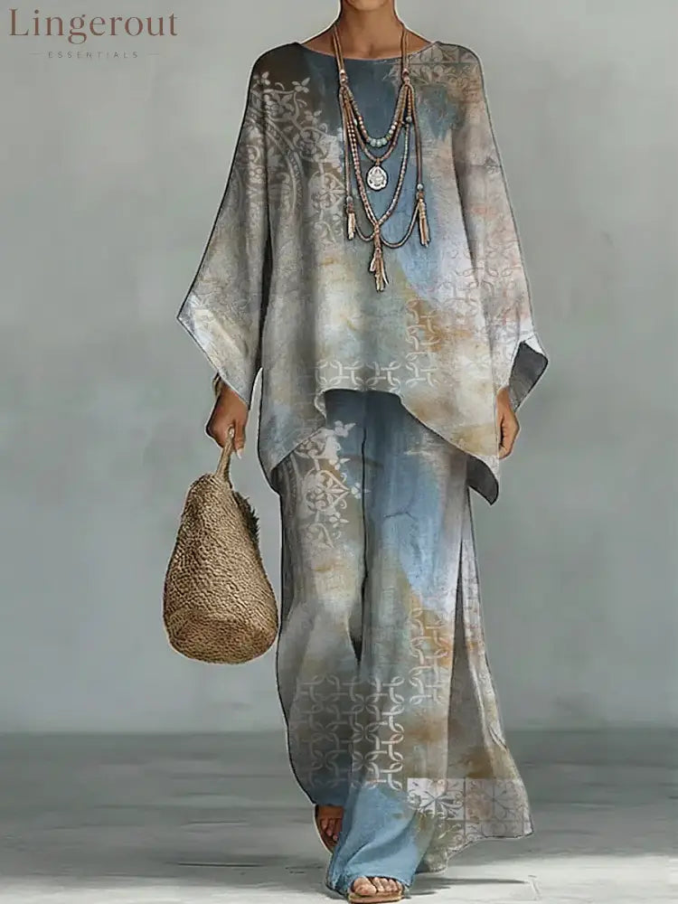 Women’s Vintage Floral Art Comfortable Loose Cotton Linen Wide-leg Pants Two-piece Set - Multicolor / S