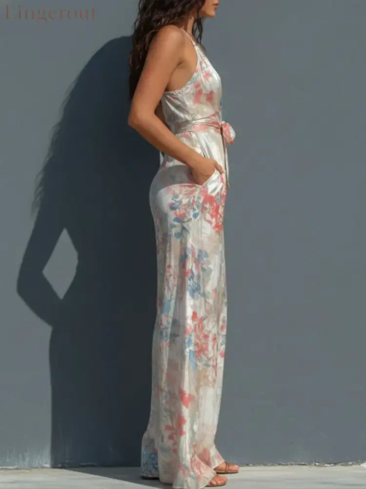 Women’s Vintage Print V-neck Jumpsuit