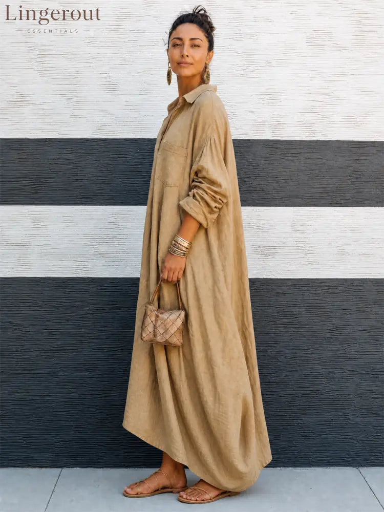 Women’s Vintage-style Khaki Cotton V-neck Loose Long-sleeve Maxi Dress - Dress