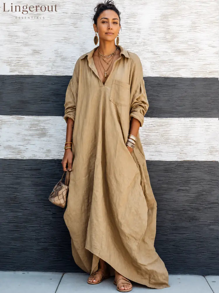 Women’s Vintage-style Khaki Cotton V-neck Loose Long-sleeve Maxi Dress - Dress