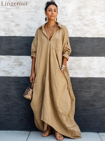 Women’s Vintage-style Khaki Cotton V-neck Loose Long-sleeve Maxi Dress - Dress