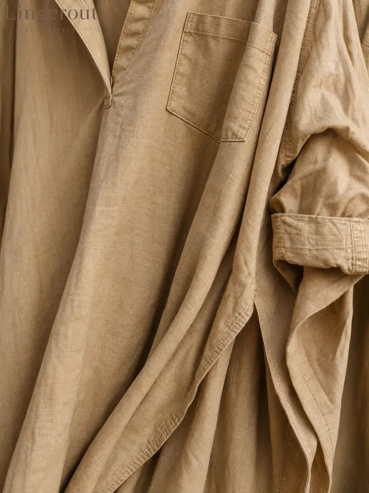 Women’s Vintage-style Khaki Cotton V-neck Loose Long-sleeve Maxi Dress - Dress