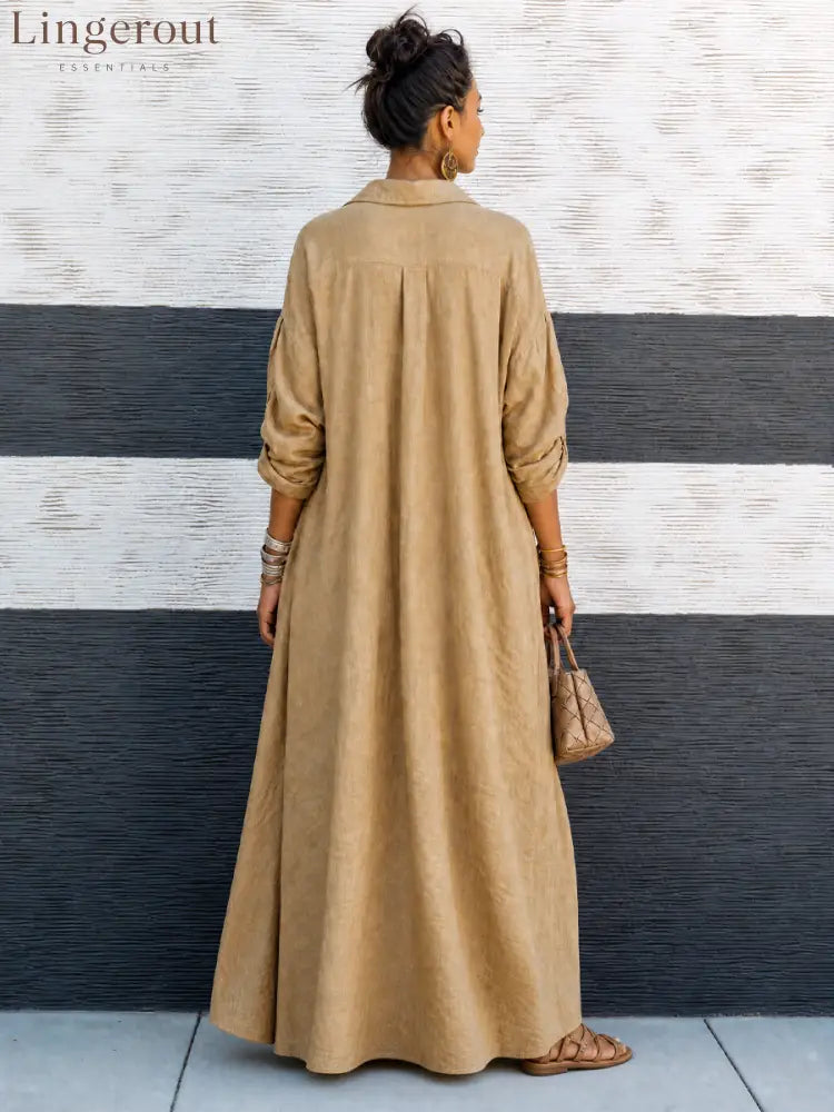 Women’s Vintage-style Khaki Cotton V-neck Loose Long-sleeve Maxi Dress - Dress