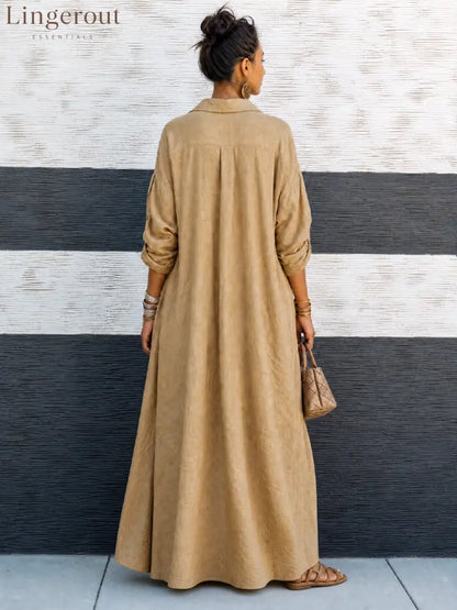 Women’s Vintage-style Khaki Cotton V-neck Loose Long-sleeve Maxi Dress - Dress