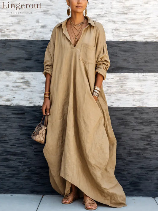 Women’s Vintage-style Khaki Cotton V-neck Loose Long-sleeve Maxi Dress - Khaki / XS - Dress