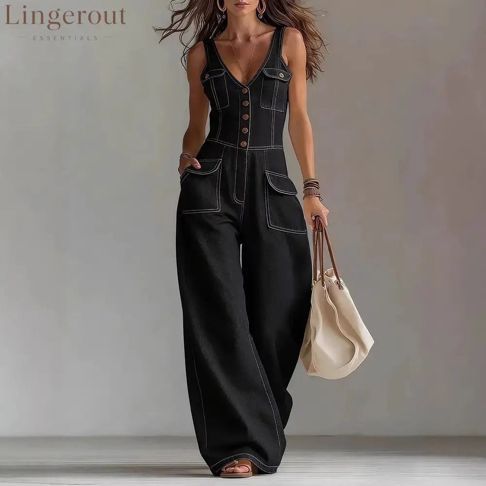 Women’s Washed Denim Loose-Fit Sleeveless Jumpsuit