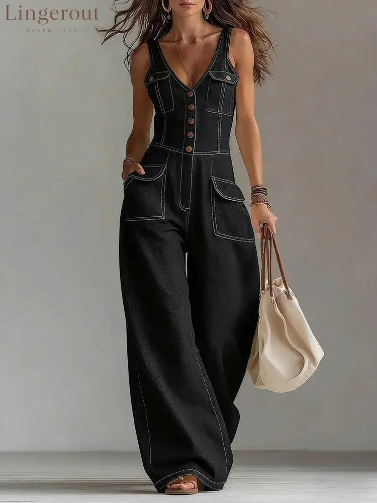 Women’s Washed Denim Loose-Fit Sleeveless Jumpsuit - Black / S