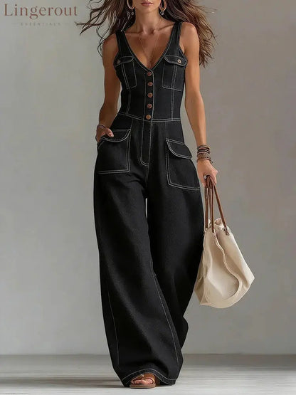 Women’s Washed Denim Loose-Fit Sleeveless Jumpsuit - Black / S