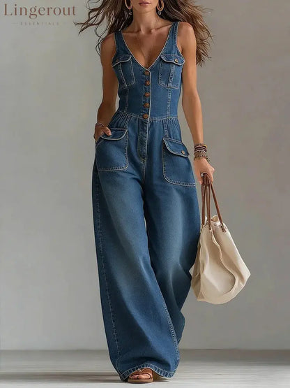 Women’s Washed Denim Loose-Fit Sleeveless Jumpsuit - Dark blue / S