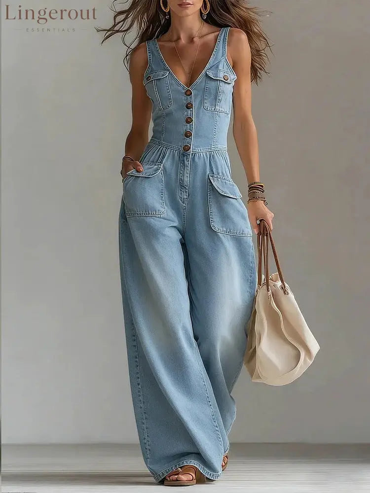 Women’s Washed Denim Loose-Fit Sleeveless Jumpsuit - Sky blue / S