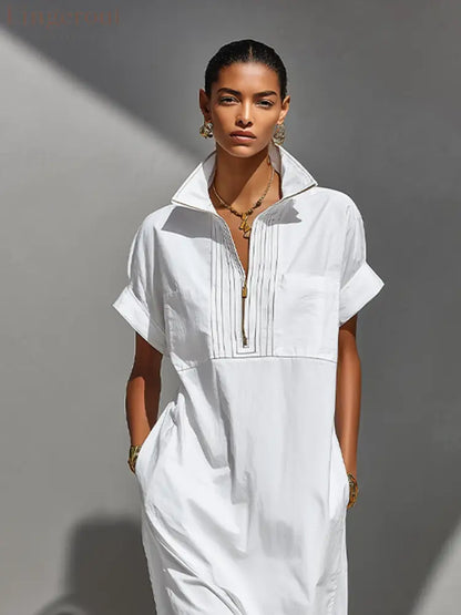 Women’s White 100% Cotton Maxi Shirt Dress With Half-Zip Collar & Rolled Sleeves Timeless Casual Everyday Dress