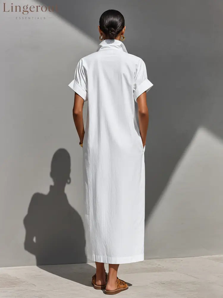 Women’s White 100% Cotton Maxi Shirt Dress With Half-Zip Collar & Rolled Sleeves Timeless Casual Everyday Dress