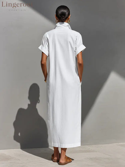Women’s White 100% Cotton Maxi Shirt Dress With Half-Zip Collar & Rolled Sleeves Timeless Casual Everyday Dress