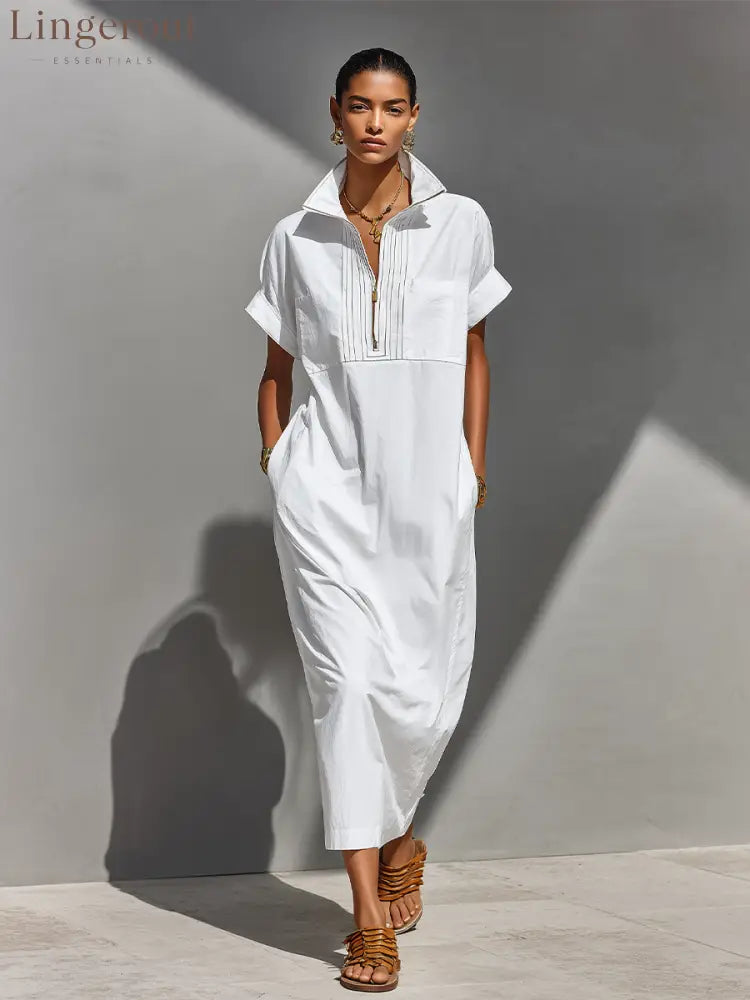 Women’s White 100% Cotton Maxi Shirt Dress With Half-Zip Collar & Rolled Sleeves Timeless Casual Everyday Dress