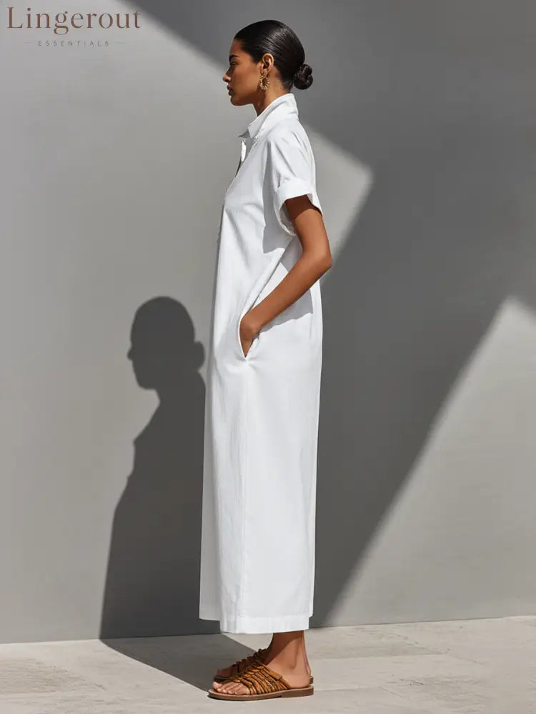 Women’s White 100% Cotton Maxi Shirt Dress With Half-Zip Collar & Rolled Sleeves Timeless Casual Everyday Dress