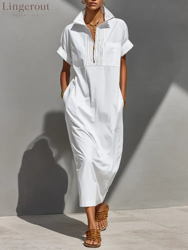 Women’s White 100% Cotton Maxi Shirt Dress With Half-Zip Collar & Rolled Sleeves Timeless Casual Everyday Dress - White