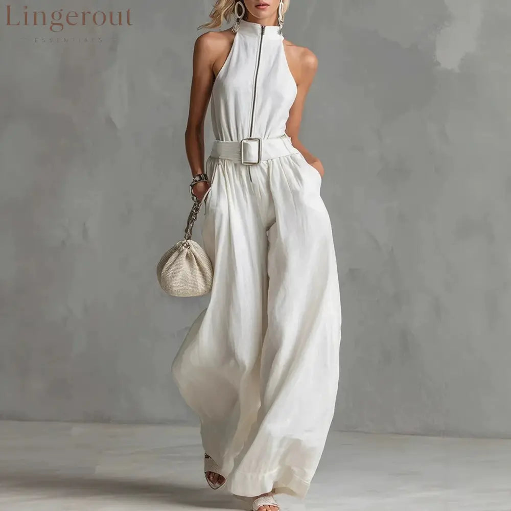 Women’s White Linen-Blend Halter Wide-Leg Jumpsuit with Belt
