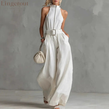 Women’s White Linen-Blend Halter Wide-Leg Jumpsuit with Belt