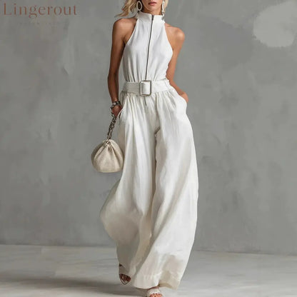 Women’s White Linen-Blend Halter Wide-Leg Jumpsuit with Belt
