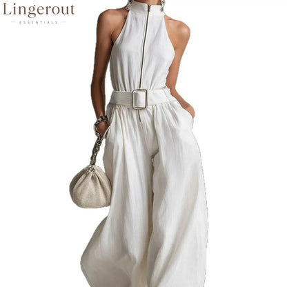 Women’s White Linen-Blend Halter Wide-Leg Jumpsuit with Belt