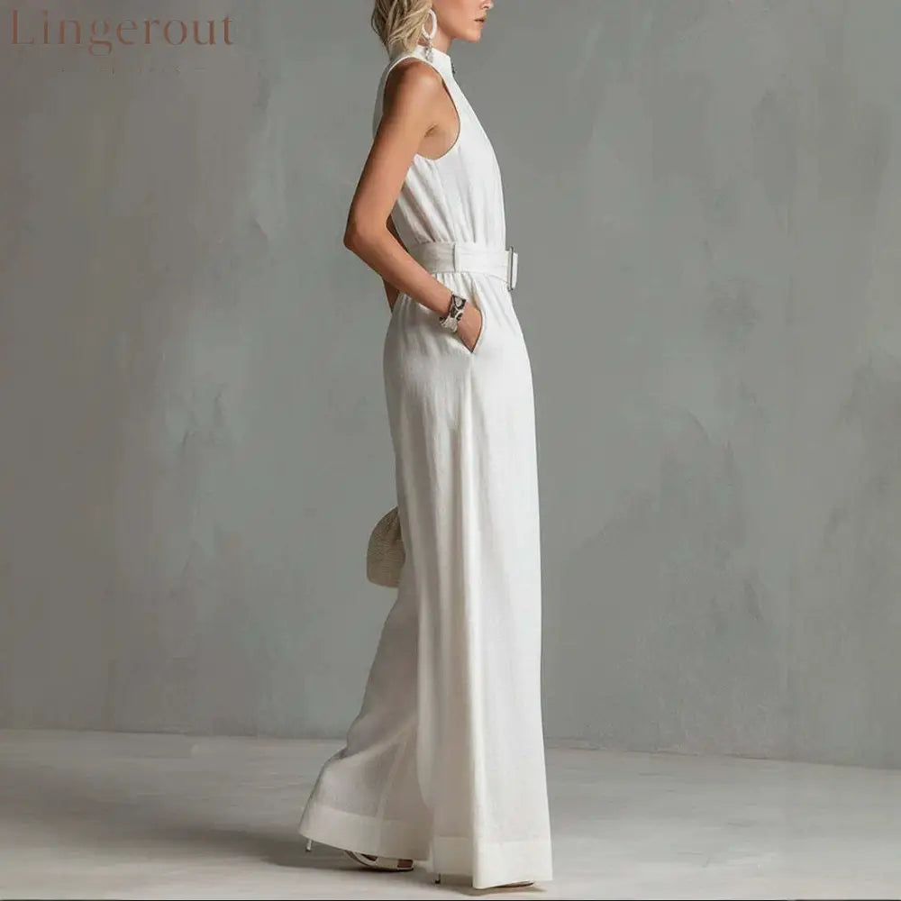 Women’s White Linen-Blend Halter Wide-Leg Jumpsuit with Belt